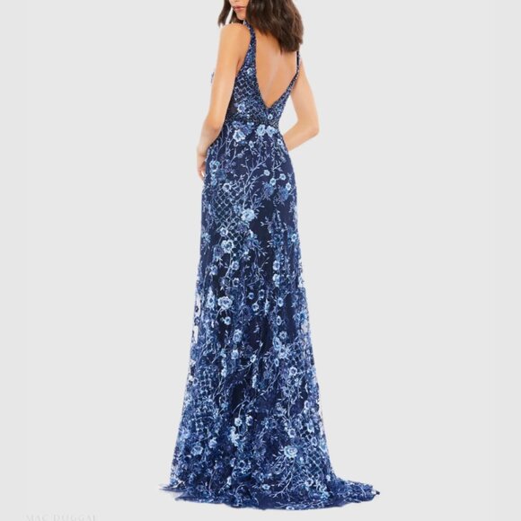 $698 Mac Duggal 67481 Size 4 Blue Floral Embroidered V-Neck Long Maxi Gown Dress - Picture 5 of 5